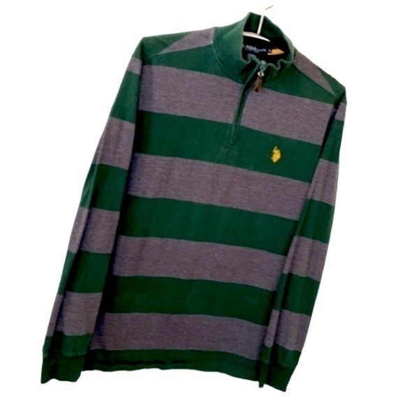 U. S. POLO ASSN. | Men’s Green & Gray Horizontal Striped Quarter Zip Long Sleeve - Picture 1 of 6